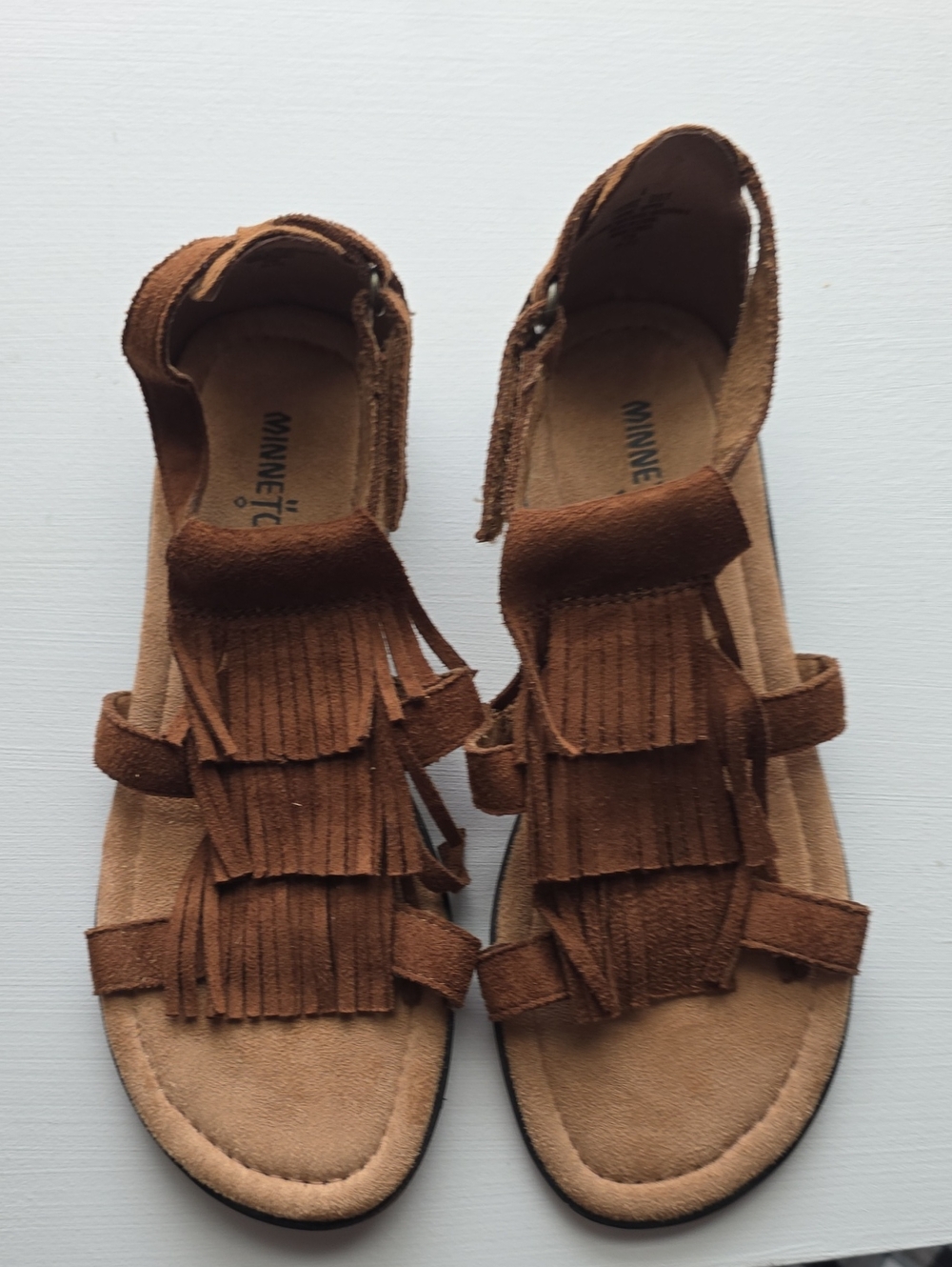 Minnetonka Brown Suede Fringe Strap Sandals